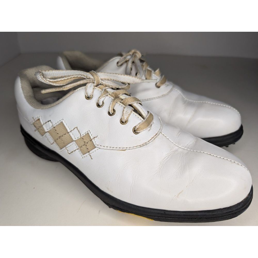Footjoy eComfort Womans Leather Golf Shoes Size 7 Tan & White Argyle Pattern